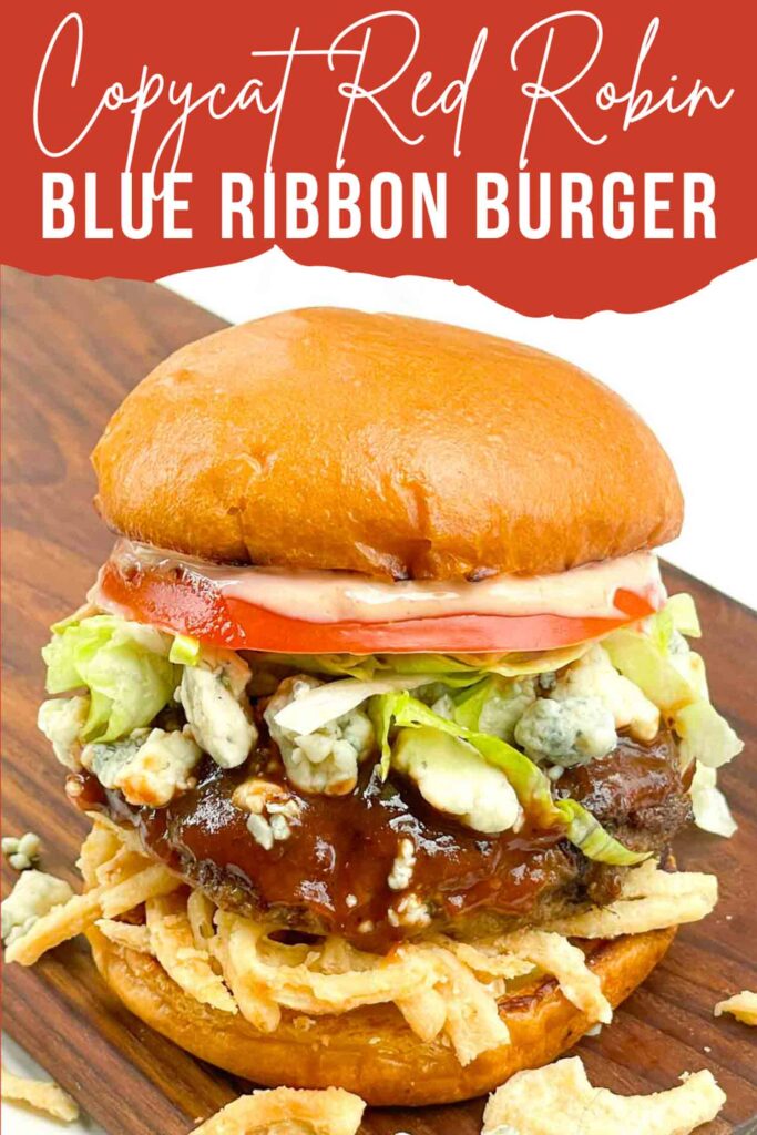 Pin of Copycat Red Robin Bleu Ribbon Burger with title.