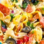 Pin of Italian Pasta Salad with Pepperoni up close with title at top.
