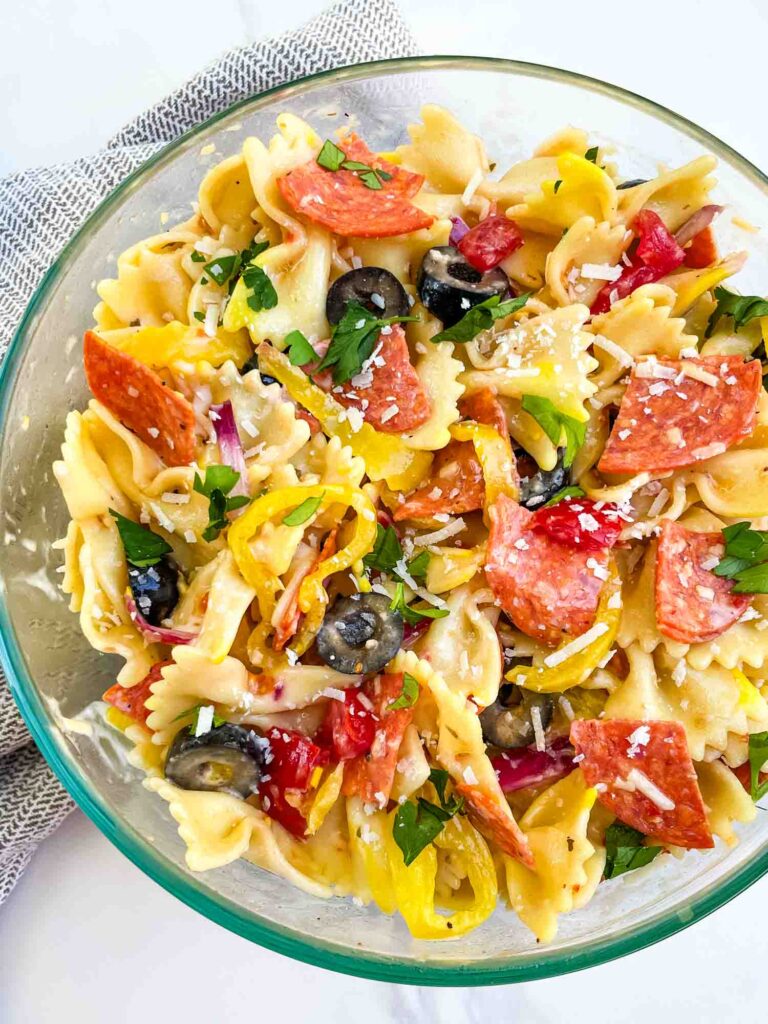 Looking down on a bowl full of the Italian Pasta Salad with Pepperoni.