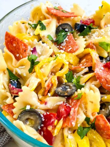 A close view of the Italian Pasta Salad with Pepperoni in a bowl.
