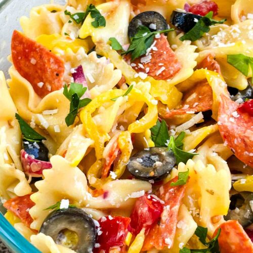 A close view of the Italian Pasta Salad with Pepperoni in a bowl.
