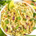Pin of Creamy Avocado Coleslaw (without Mayo) with title at top.
