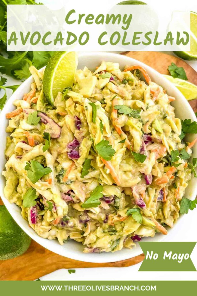 Pin of Creamy Avocado Coleslaw (without Mayo) with title at top.