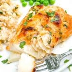 Pin of Parmesan Baked Cod with title at top.