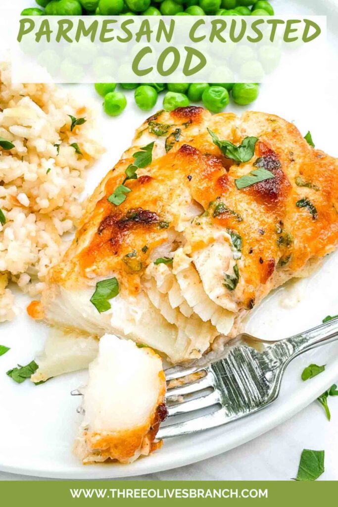Pin of Parmesan Baked Cod with title at top.