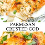 Pin of Parmesan Baked Cod with title.