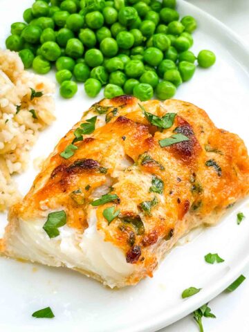A full piece of Parmesan Baked Cod fish on a white plate.