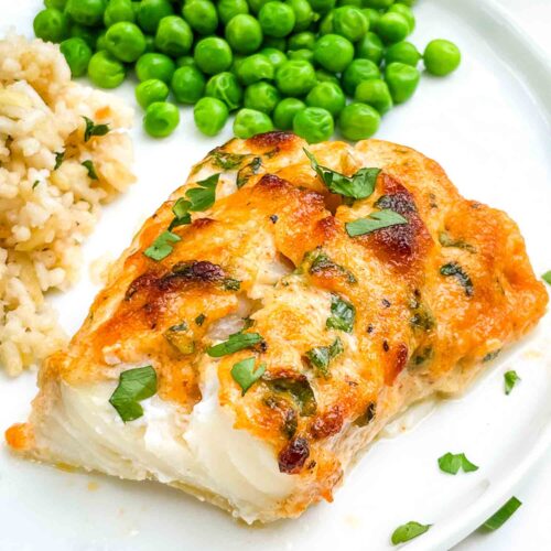 A full piece of Parmesan Baked Cod fish on a white plate.