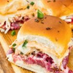 Pin for Corned Beef Reuben Sliders with title at top.