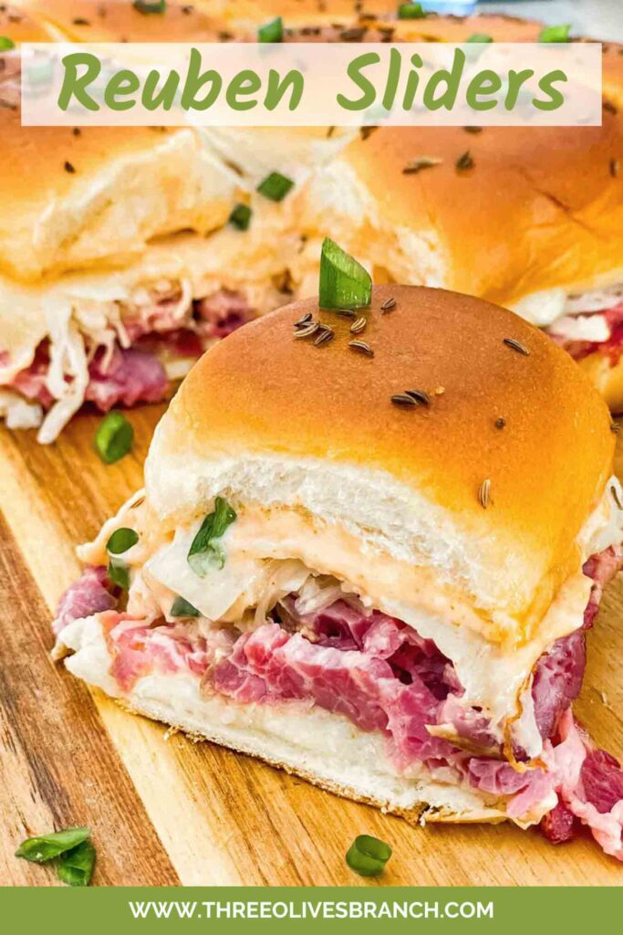 Pin for Corned Beef Reuben Sliders with title at top.