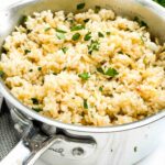 Herbed Rice Pilaf with Orzo in a pot on a counter.