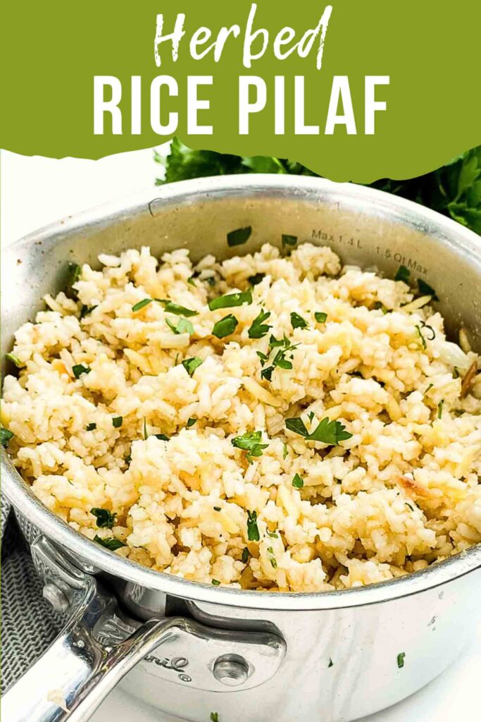 Pin for Herbed Rice Pilaf with Orzo in a pot with title.