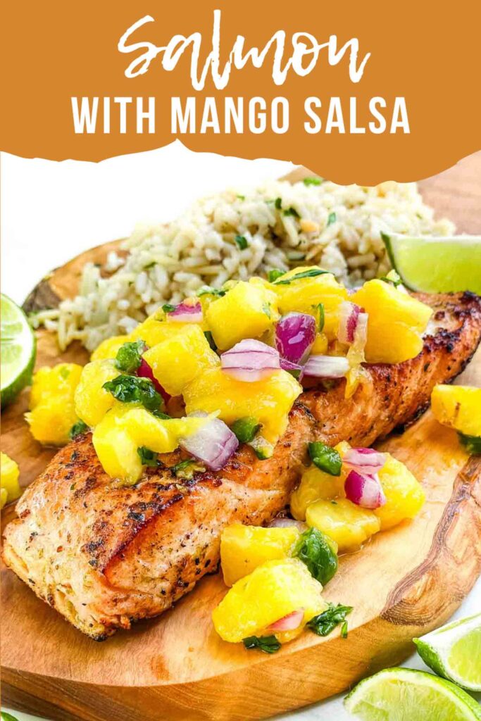 Pin of Salmon with Mango Salsa with title.