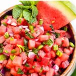 Pin of Watermelon Salsa in a bowl with title.