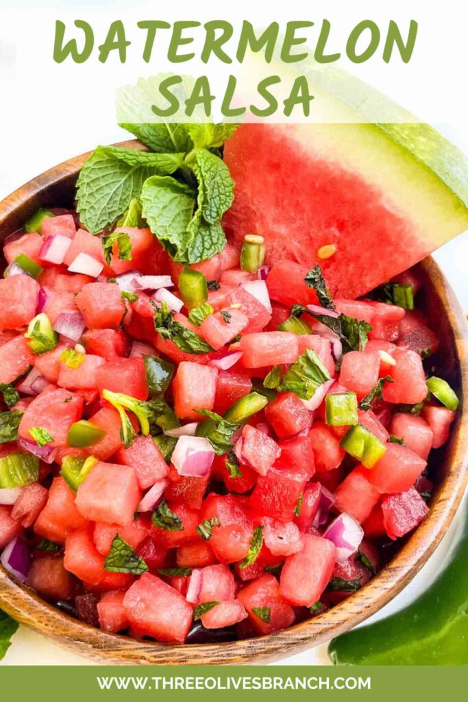 Pin of Watermelon Salsa in a bowl with title.