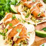 Pin of two Fresh Baja Fish Tacos with title at top.