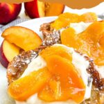 Pin for Easy Peach Dessert Sauce on french toast with title at top.