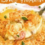 Pin for Tim Walz's New Ulm Hotdish with Brats being scooped out of a dish with title.