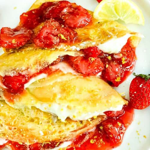 A close view of Lemon Strawberry Crepes.