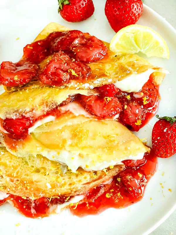 A close view of Lemon Strawberry Crepes.