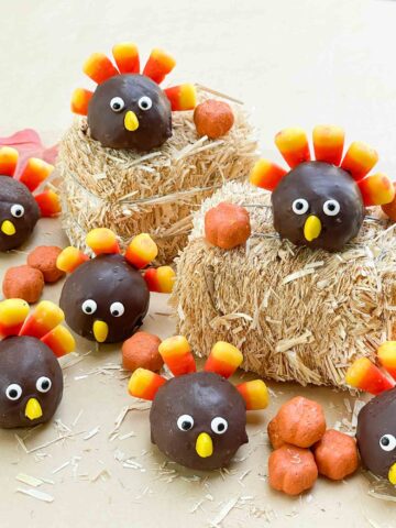 A collection of Thanksgiving Turkey Cake Pops scattered on a counter with some straw bales.