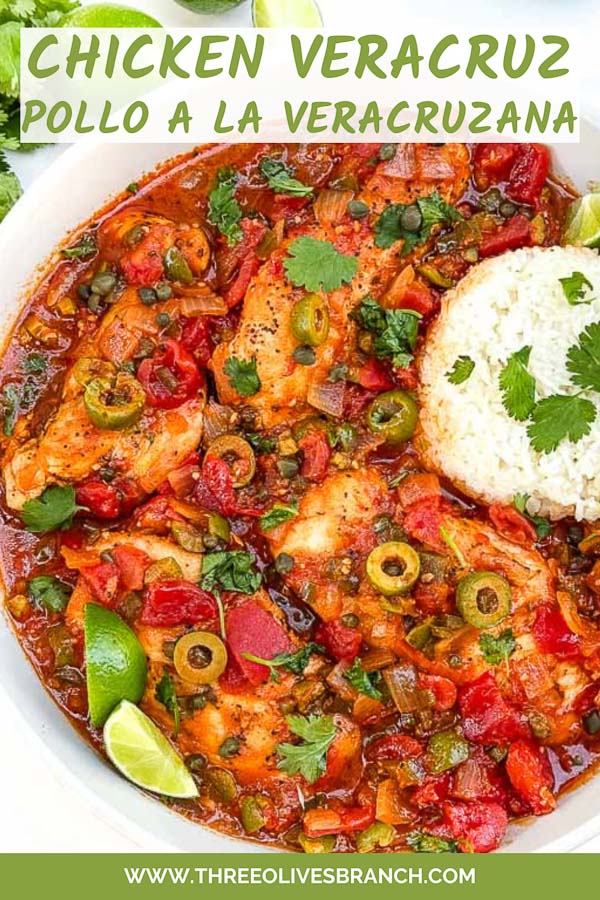 Pin of Chicken Veracruz (Pollo a la Veracruzana) pieces in a bowl with rice.