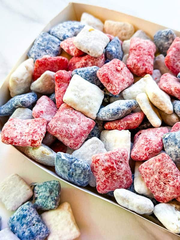 Close view of New England Patriots Puppy Chow in red, blue, white, and gray.