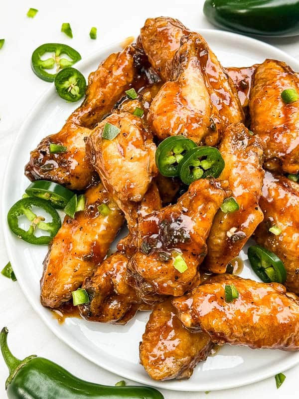 Looking down on a pile of Peach Jalapeno Chicken Wings.