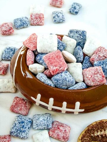 Looking down on Houston Texans Puppy Chow in a football bowl.