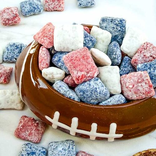Looking down on Houston Texans Puppy Chow in a football bowl.