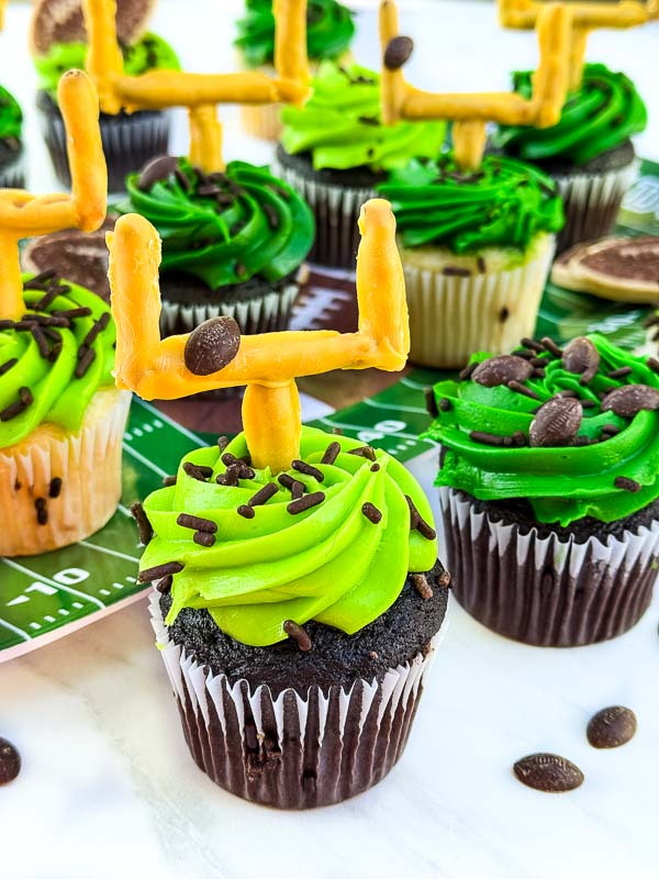 A close view of a Touchdown Cupcake with more behind it.