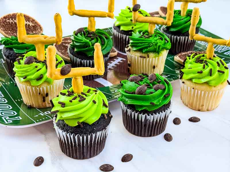 Green frosted Touchdown Cupcakes grouped together.